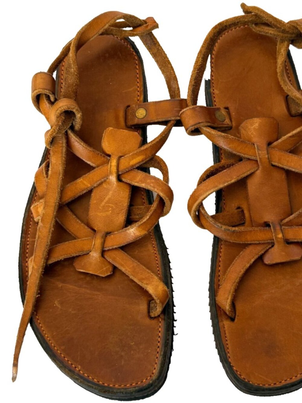 HOLY COW HANDMADE BROWN LEATHER VIBRAM OUTSOLE SANDALS WOMENS 10.5 11 MENS 9 9.5